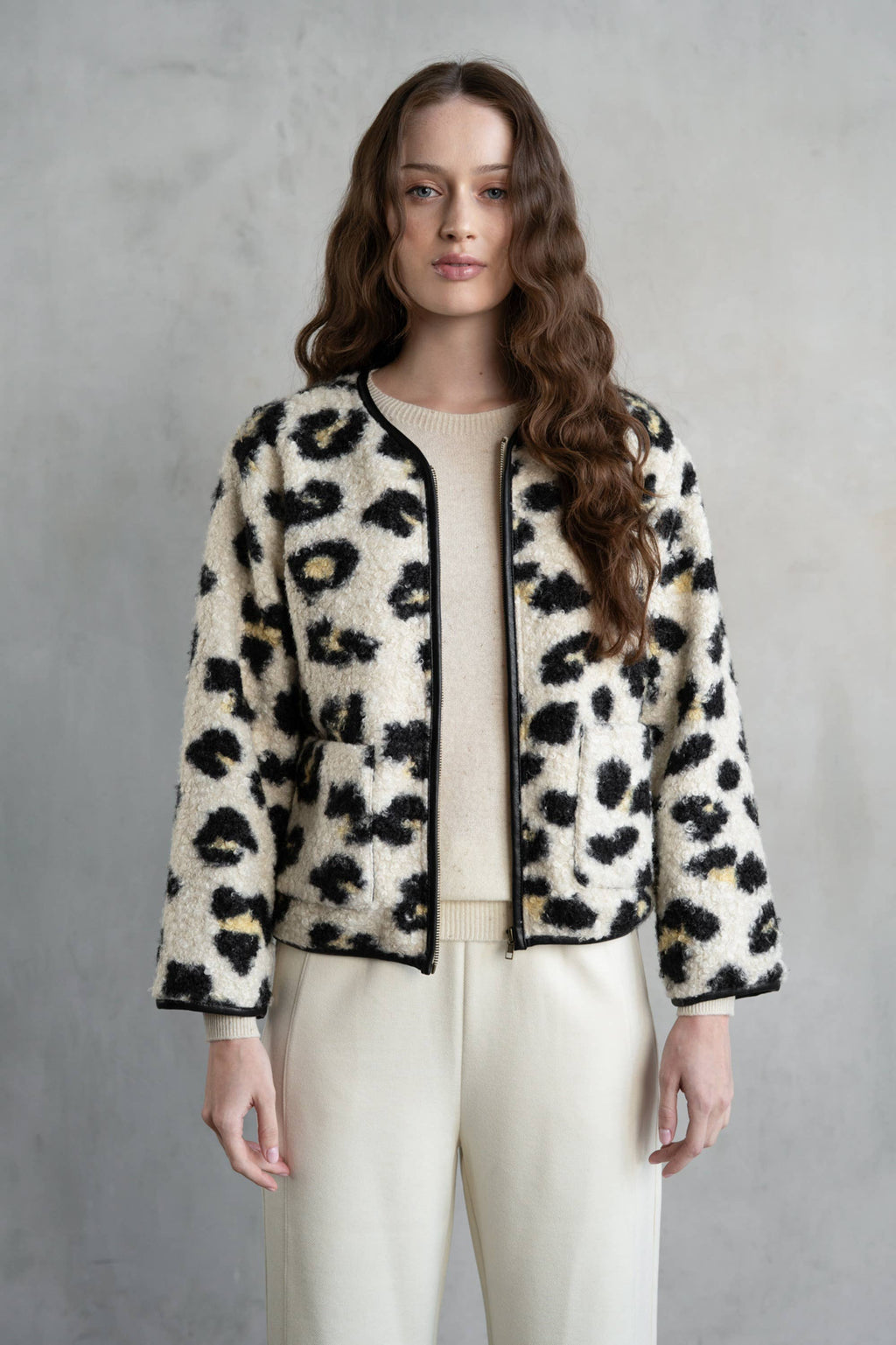 LEOPARD FAUX COLLARLESS JACKET